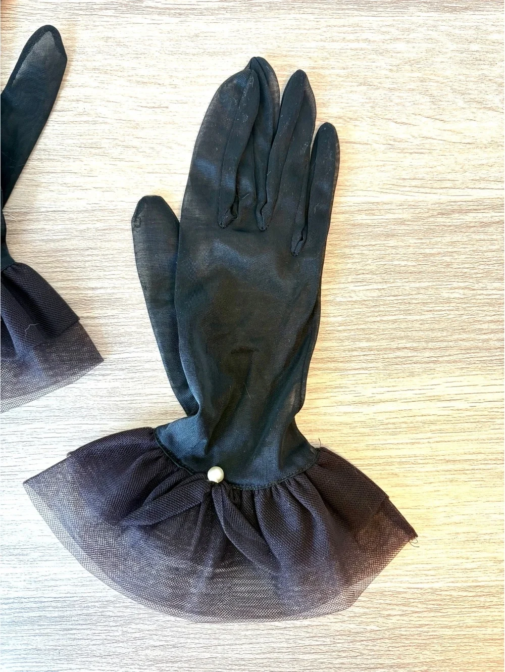 Vintage Black Sheer Nylon Gloves Tulle Ruffle Cuffs Faux Pearl Formal 1960s
